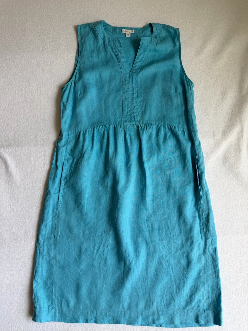 J Jill Love Linen Blue Sleeveless Shift Dress Pockets XS 100% Linen